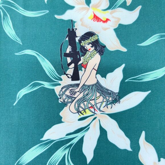 Savage Tacticians Men’s Medium Green Military Hula Girl Hawaiian Shirt Button Up - Picture 3 of 7